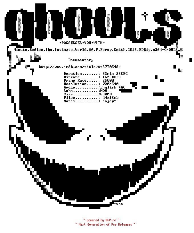 NFO for the release Minute.Bodies.The.Intimate.World.Of.F.Percy.Smith.2016.BDRip.x264-GHOULS by GHOULS
