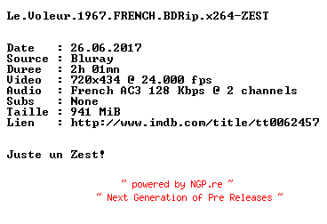NFO for the release Le.Voleur.1967.FRENCH.BDRip.x264-ZEST by ZEST