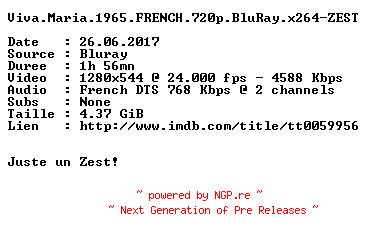NFO for the release Viva.Maria.1965.FRENCH.720p.BluRay.x264-ZEST by ZEST