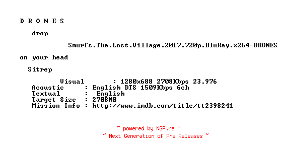 NFO for the release Smurfs.The.Lost.Village.2017.720p.BluRay.x264-DRONES by DRONES