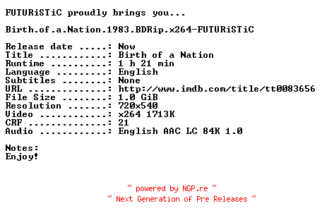 NFO for the release Birth.of.a.Nation.1983.BDRip.x264-FUTURiSTiC by FUTURiSTiC