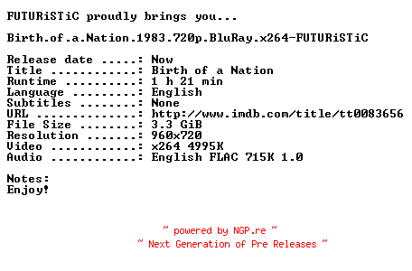 NFO for the release Birth.of.a.Nation.1983.720p.BluRay.x264-FUTURiSTiC by FUTURiSTiC