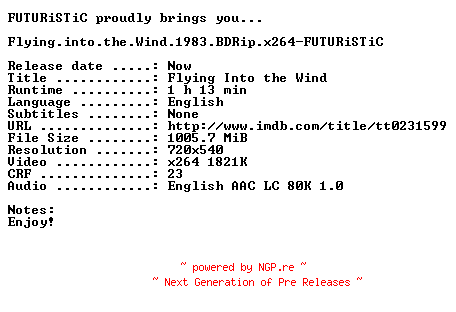 NFO for the release Flying.into.the.Wind.1983.BDRip.x264-FUTURiSTiC by FUTURiSTiC