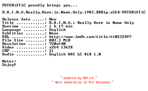 NFO for the release R.H.I.N.O.Really.Here.in.Name.Only.1983.BDRip.x264-FUTURiSTiC by FUTURiSTiC