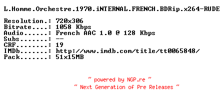 NFO for the release L.Homme.Orchestre.1970.iNTERNAL.FRENCH.BDRip.x264-RUDE by RUDE