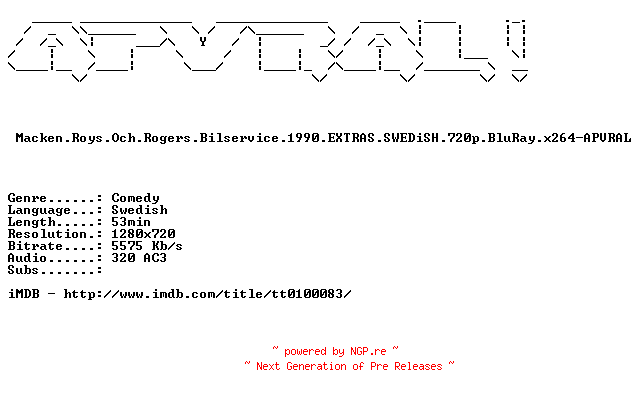 NFO for the release Macken.Roys.Och.Rogers.Bilservice.1990.EXTRAS.SWEDiSH.720p.BluRay.x264-APVRAL by APVRAL