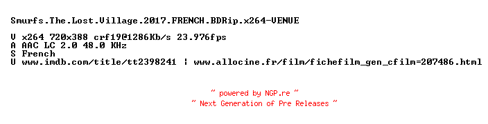 NFO for the release Smurfs.The.Lost.Village.2017.FRENCH.BDRip.x264-VENUE by VENUE