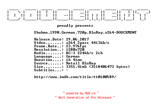 NFO for the release Shakma.1990.German.720p.BluRay.x264-DOUCEMENT by DOUCEMENT