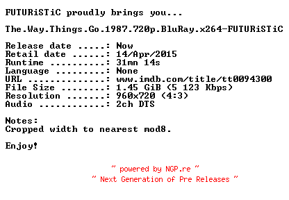NFO for the release The.Way.Things.Go.1987.720p.BluRay.x264-FUTURiSTiC by FUTURiSTiC