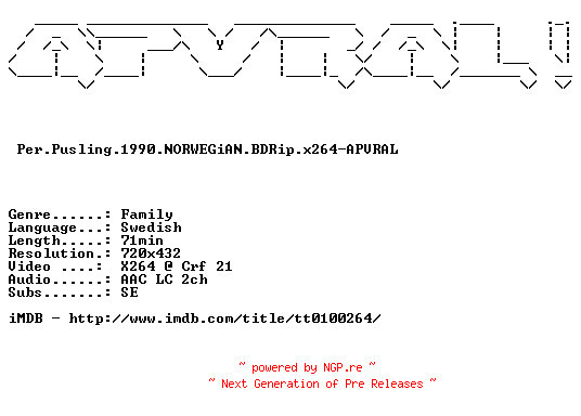 NFO for the release Per.Pusling.1990.NORWEGiAN.BDRip.x264-APVRAL by APVRAL