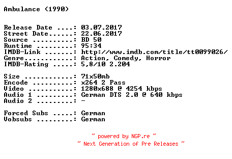 NFO for the release Ambulance.1990.German.720p.BluRay.x264-SPiCY by SPiCY