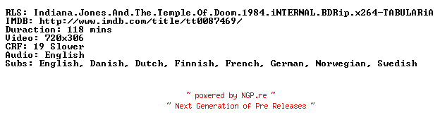 NFO for the release Indiana.Jones.And.The.Temple.Of.Doom.1984.iNTERNAL.BDRip.x264-TABULARiA by TABULARiA