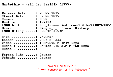 NFO for the release MacArthur.Held.des.Pazifik.1977.German.720p.BluRay.x264-SPiCY by SPiCY