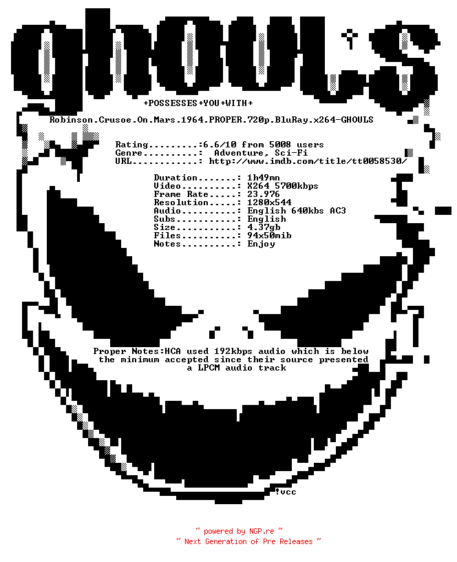 NFO for the release Robinson.Crusoe.On.Mars.1964.PROPER.720p.BluRay.x264-GHOULS by GHOULS