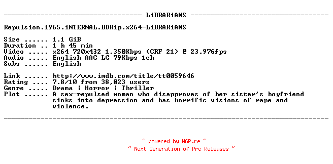 NFO for the release Repulsion.1965.iNTERNAL.BDRip.x264-LiBRARiANS by LiBRARiANS