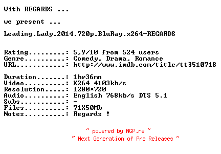 NFO for the release Leading.Lady.2014.720p.BluRay.x264-REGARDS by REGARDS