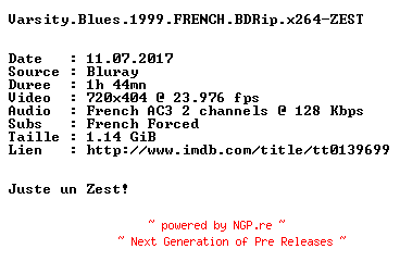 NFO for the release Varsity.Blues.1999.FRENCH.BDRip.x264-ZEST by ZEST