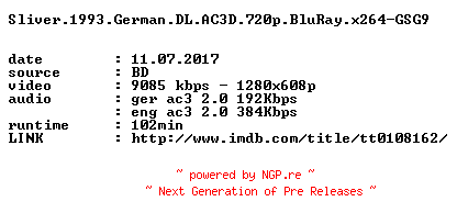 NFO for the release Sliver.1993.German.DL.AC3D.720p.BluRay.x264-GSG9 by GSG9