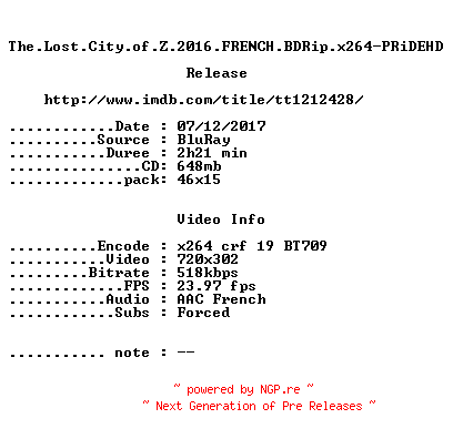 NFO for the release The.Lost.City.of.Z.2016.FRENCH.BDRip.x264-PRiDEHD by PRiDEHD
