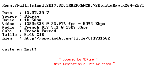 NFO for the release Kong.Skull.Island.2017.3D.TRUEFRENCH.720p.BluRay.x264-ZEST by ZEST