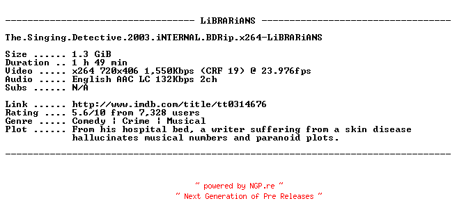 NFO for the release The.Singing.Detective.2003.iNTERNAL.BDRip.x264-LiBRARiANS by LiBRARiANS
