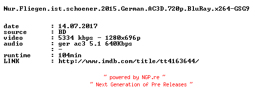 NFO for the release Nur.Fliegen.ist.schoener.2015.German.AC3D.720p.BluRay.x264-GSG9 by GSG9
