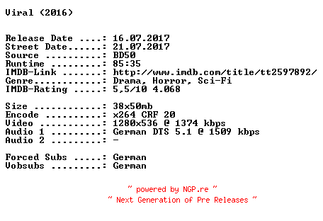 NFO for the release Viral.2016.German.720p.BluRay.x264-SPiCY by SPiCY