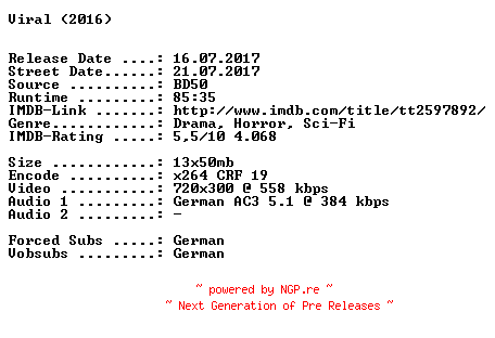 NFO for the release Viral.German.2016.AC3.BDRip.x264-SPiCY by SPiCY