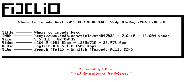 NFO for the release Where.to.Invade.Next.2015.DOC.SUBFRENCH.720p.BluRay.x264-FiDELiO by FiDELiO