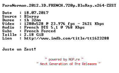 NFO for the release ParaNorman.2012.3D.FRENCH.720p.BluRay.x264-ZEST by ZEST