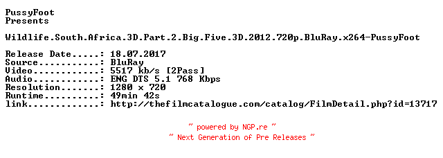 NFO for the release Wildlife.South.Africa.3D.Part.2.Big.Five.3D.2012.720p.BluRay.x264-PussyFoot by PussyFoot