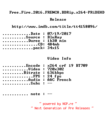 NFO for the release Free.Fire.2016.FRENCH.BDRip.x264-PRiDEHD by PRiDEHD