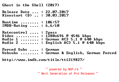NFO for the release Ghost.in.the.Shell.2017.German.DL.720p.BluRay.x264-COiNCiDENCE by COiNCiDENCE