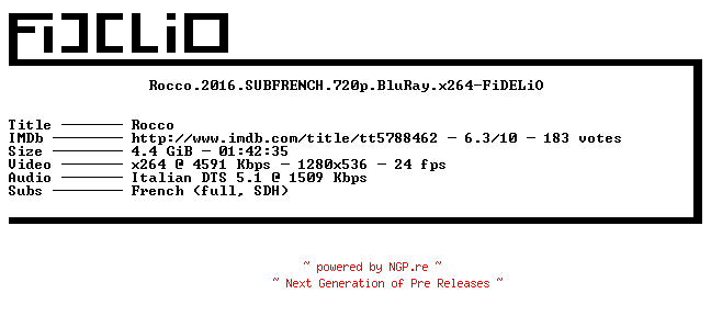 NFO for the release Rocco.2016.SUBFRENCH.720p.BluRay.x264-FiDELiO by FiDELiO