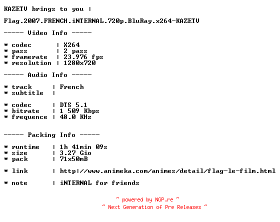 NFO for the release Flag.2007.FRENCH.iNTERNAL.720p.BluRay.x264-KAZETV by KAZETV