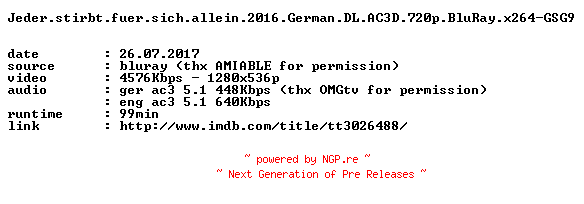 NFO for the release Jeder.stirbt.fuer.sich.allein.2016.German.DL.AC3D.720p.BluRay.x264-GSG9 by GSG9