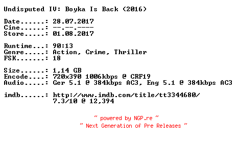 NFO for the release Undisputed.IV.Boyka.Is.Back.German.2016.DL.BDRiP.x264-CiNEViSiON by CiNEViSiON