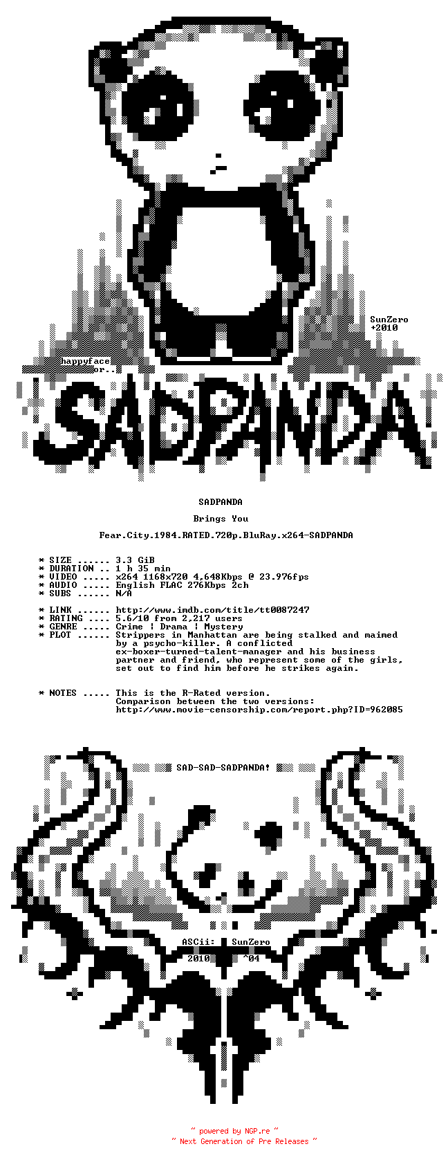 NFO for the release Fear.City.1984.RATED.720p.BluRay.x264-SADPANDA by SADPANDA