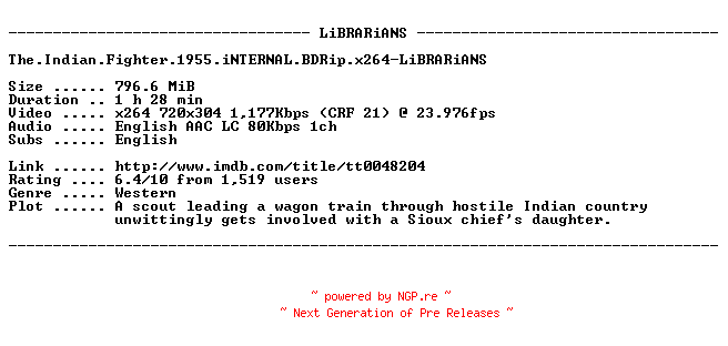 NFO for the release The.Indian.Fighter.1955.iNTERNAL.BDRip.x264-LiBRARiANS by LiBRARiANS