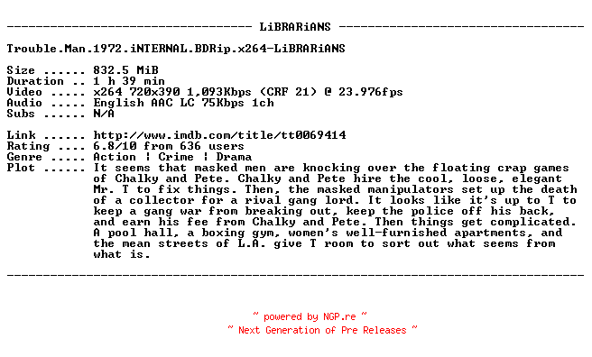 NFO for the release Trouble.Man.1972.iNTERNAL.BDRip.x264-LiBRARiANS by LiBRARiANS
