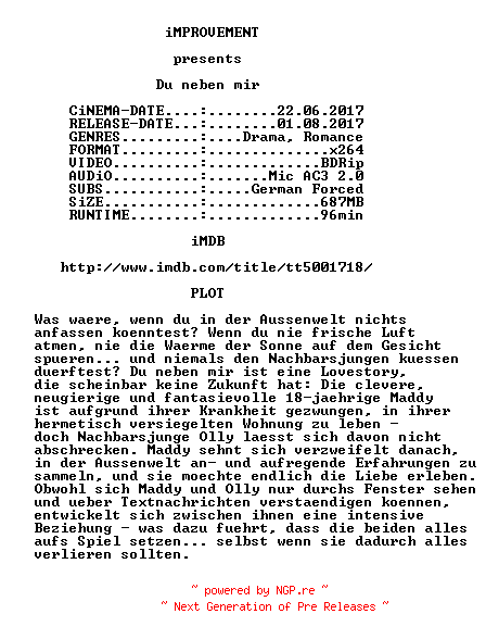 NFO for the release Du.neben.mir.BDRip.MD.German.Nfofixx264-iMPROVEMENT by iMPROVEMENT