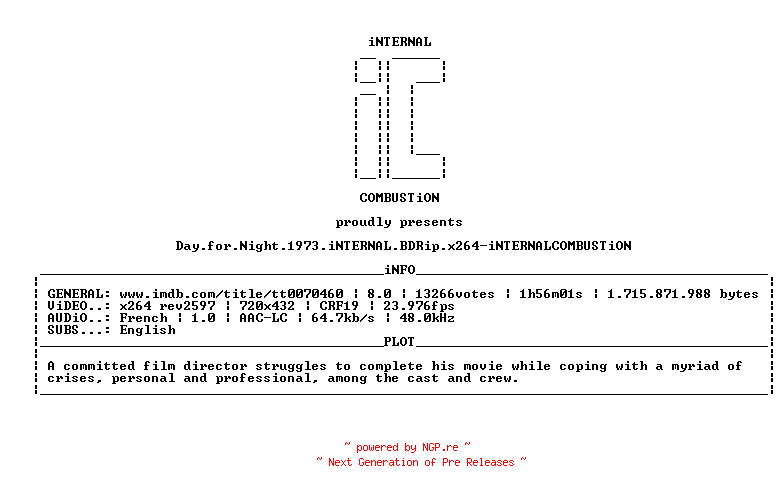 NFO for the release Day.for.Night.1973.iNTERNAL.BDRip.x264-iNTERNALCOMBUSTiON by iNTERNALCOMBUSTiON