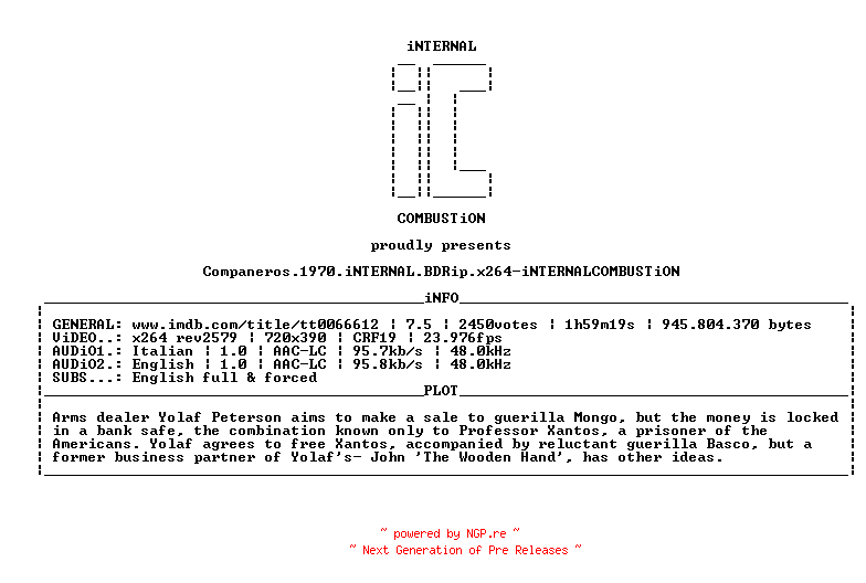 NFO for the release Companeros.1970.iNTERNAL.BDRip.x264-iNTERNALCOMBUSTiON by iNTERNALCOMBUSTiON
