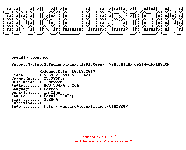 NFO for the release Puppet.Master.3.Toulons.Rache.1991.German.720p.BluRay.x264-iNKLUSiON by iNKLUSiON