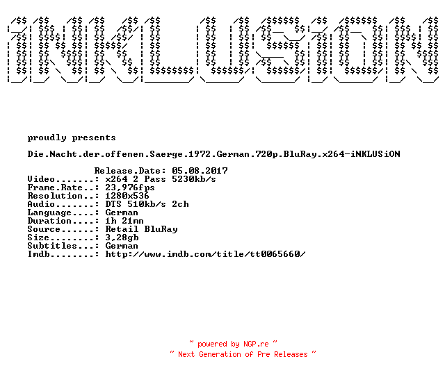 NFO for the release Die.Nacht.der.offenen.Saerge.1972.German.720p.BluRay.x264-iNKLUSiON by iNKLUSiON