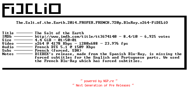 NFO for the release The.Salt.of.the.Earth.2014.PROPER.FRENCH.720p.BluRay.x264-FiDELiO by FiDELiO