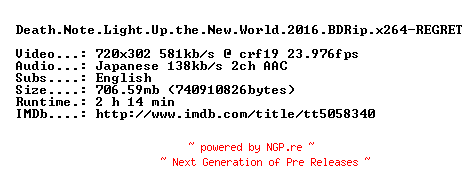 NFO for the release Death.Note.Light.Up.the.New.World.2016.BDRip.x264-REGRET by REGRET