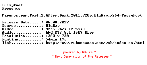 NFO for the release Marenostrum.Part.2.After.Dark.2011.720p.BluRay.x264-PussyFoot by PussyFoot