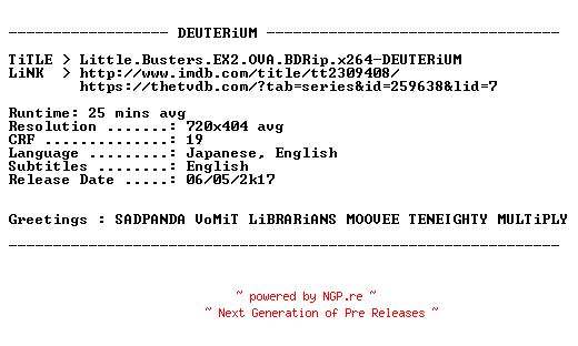 NFO for the release Little.Busters.EX2.OVA.BDRip.x264-DEUTERiUM by DEUTERiUM