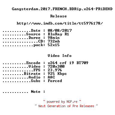 NFO for the release Gangsterdam.2017.FRENCH.BDRip.x264-PRiDEHD by PRiDEHD